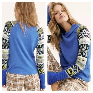 Free People Prism Swit Sweater Soft Ribbed Top Blue Fair Isle Womens Size Medium